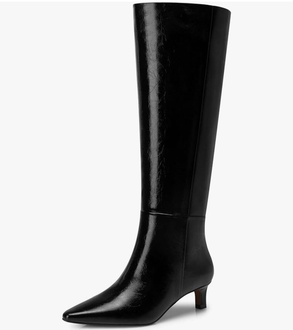 CELLENZ Faux Leather Knee High Boots Pointed Toe Low Kitten Heel Black Size 7